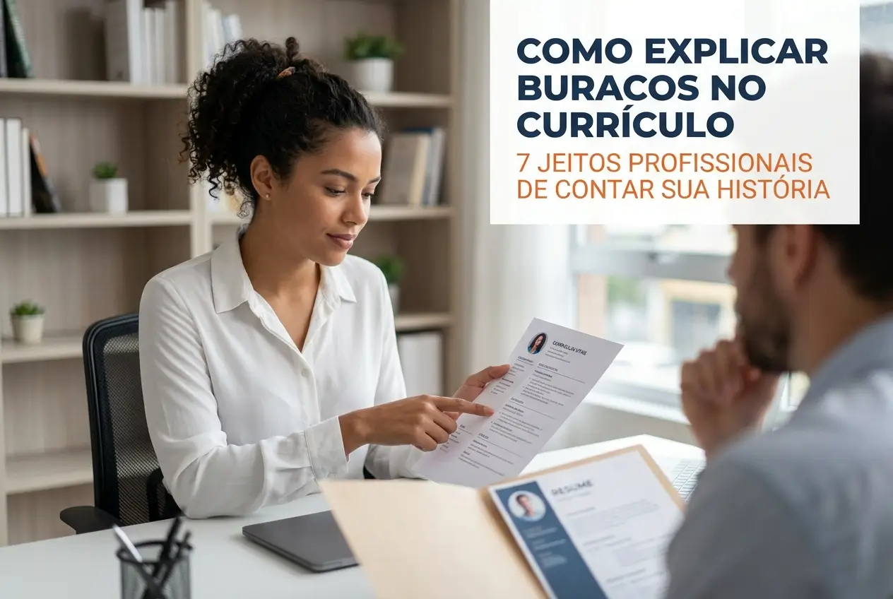 Mulher discutindo CV com homem em escritório, 2026, lacunas no currículo