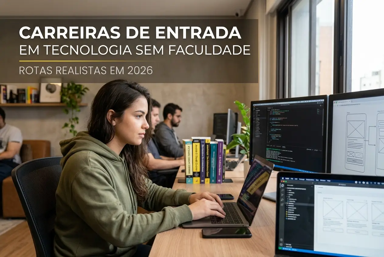 Mulher trabalhando em tecnologia sem diploma em 2026