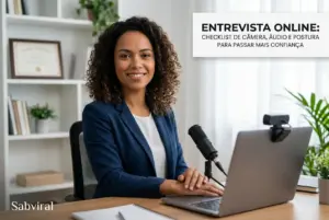 Mulher sorridente se prepara para entrevista online em 2026