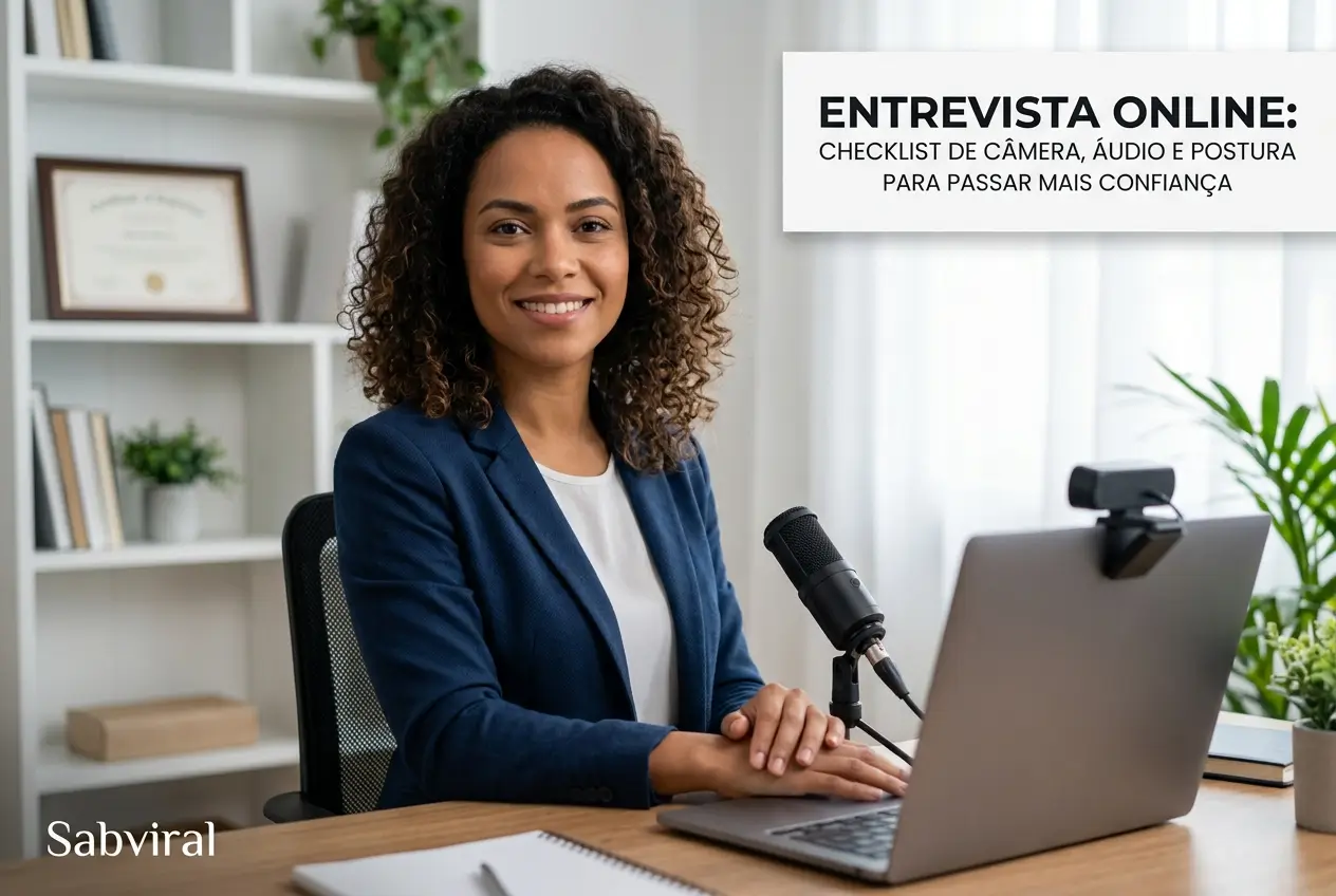 Mulher sorridente se prepara para entrevista online em 2026