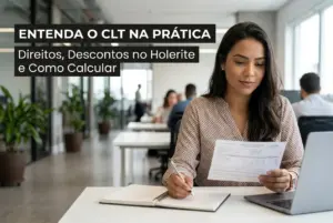 Mulher analisando holerite na mesa, educação financeira 2026