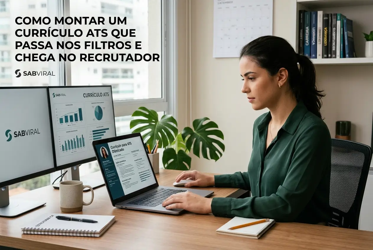Mulher trabalhando em currículo ATS com gráficos no monitor