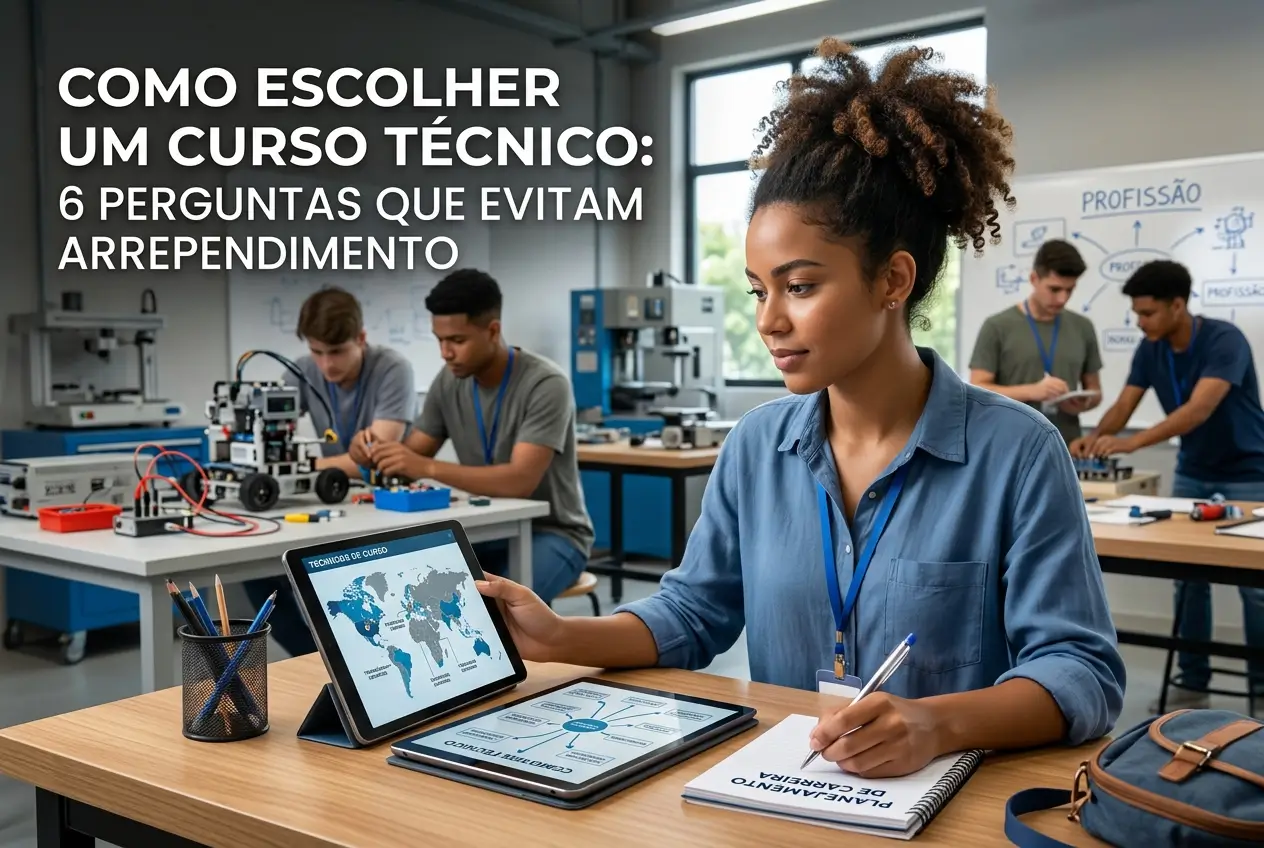 Jovem mulher estudando curso técnico no tablet em sala moderna
