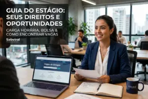 Mulher profissional no escritório com guia de estágios 2026