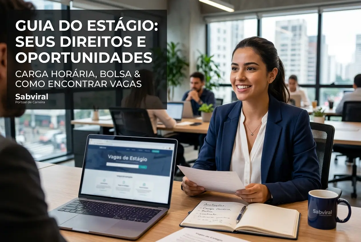 Mulher profissional no escritório com guia de estágios 2026