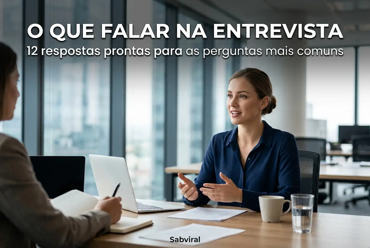 Mulher em entrevista de emprego com laptop e skyline ao fundo