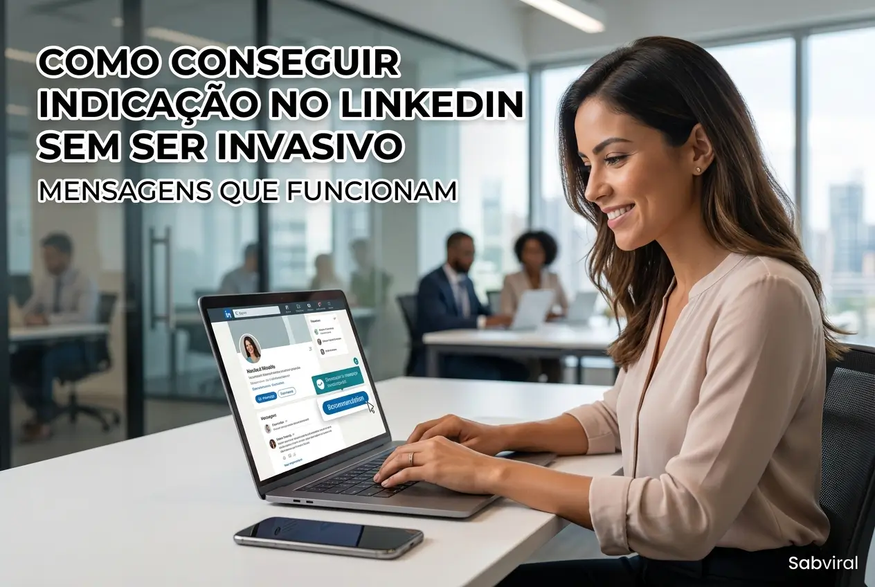 Mulher usando laptop no LinkedIn com dicas de indicação