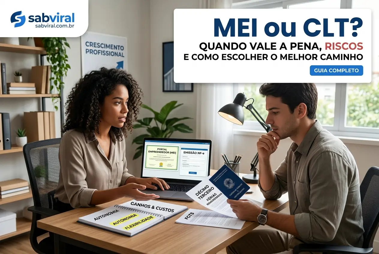 Mulher e homem discutindo finanças em escritório moderno 2026