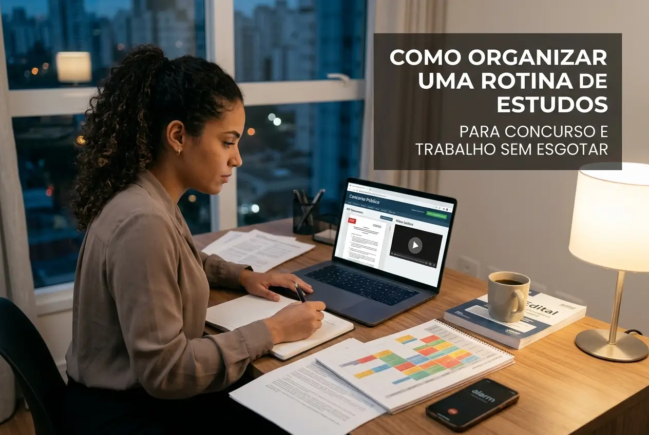 Mulher estudando organização de rotina para concursos 2026