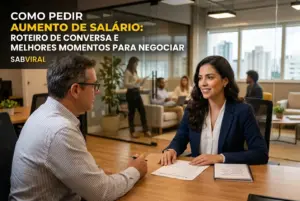 Mulher discutindo aumento salarial em escritório, 2026
