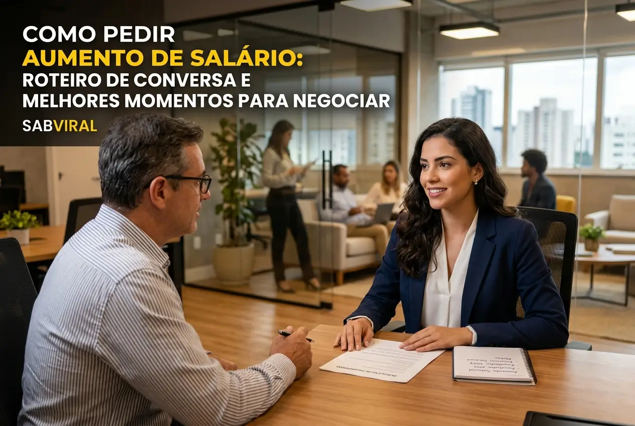 Mulher discutindo aumento salarial em escritório, 2026