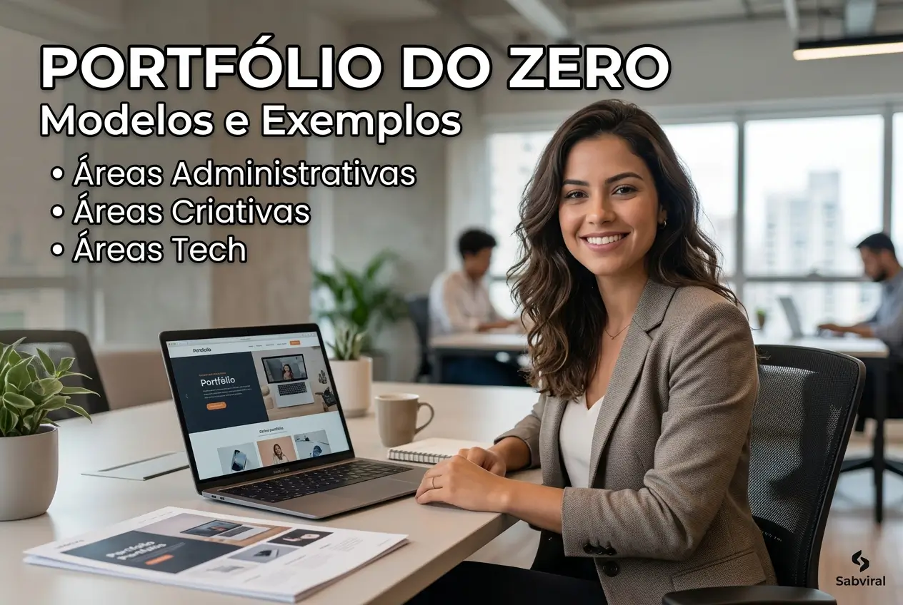 Mulher profissional em escritório moderno com portfólio exibido no laptop