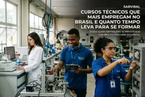 Curso técnico no Brasil 2026: homem e mulheres em laboratório