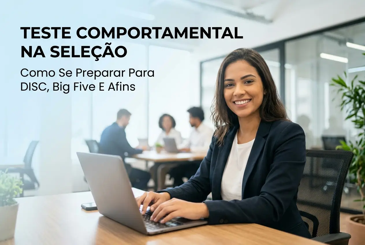 Mulher sorrindo em escritório, foco em teste comportamental DISC