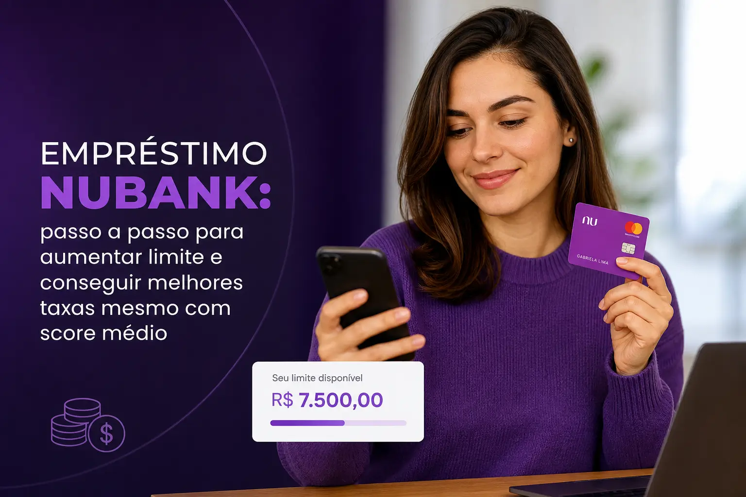 Mulher sorrindo com smartphone e cartão Nubank para empréstimo